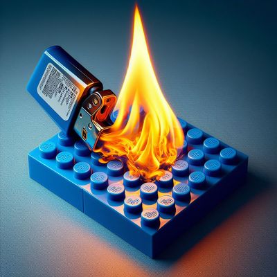 A lighter melting a blue LEGO plate